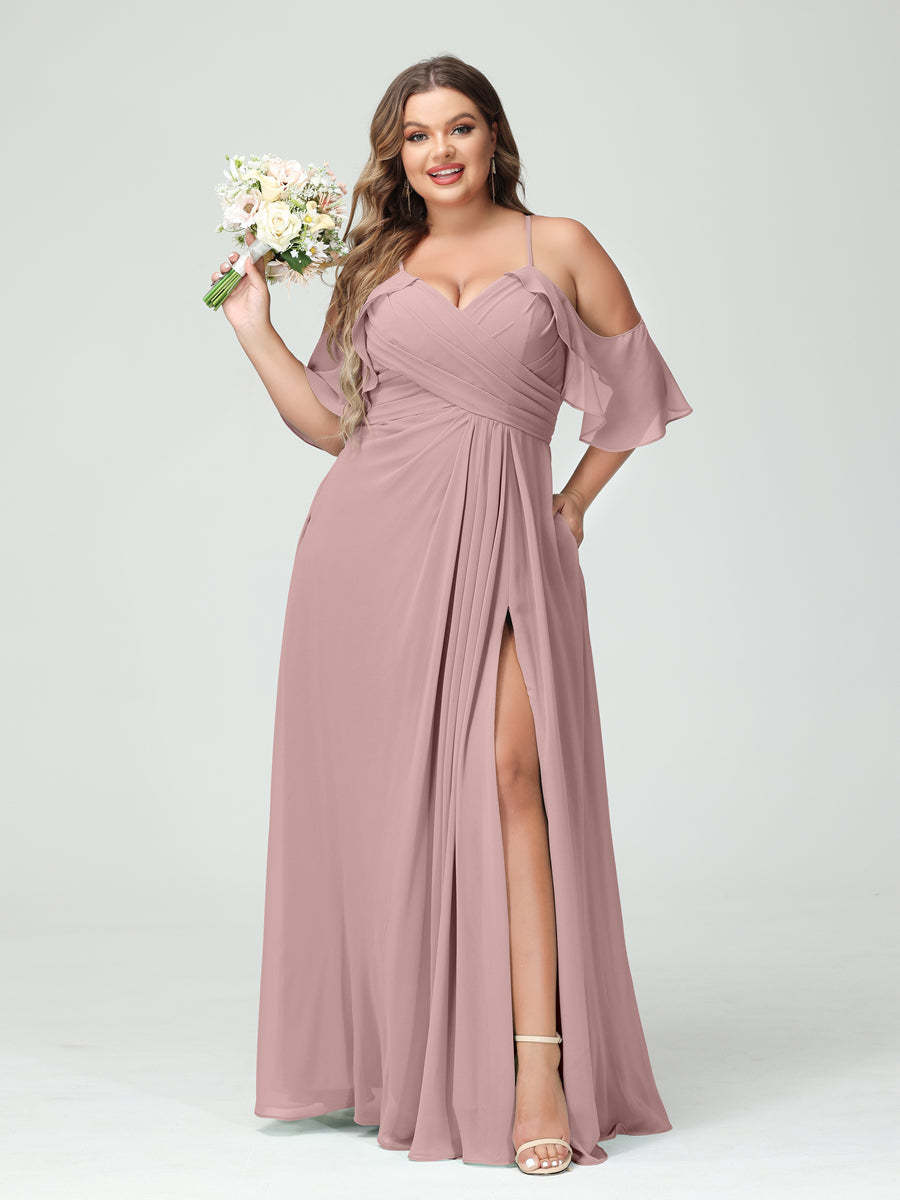 A Line Princess Spaghetti Straps Short Sleeves Chiffon Ruched Split Side Plus Size Bridesmaid Dresses with Pockets
