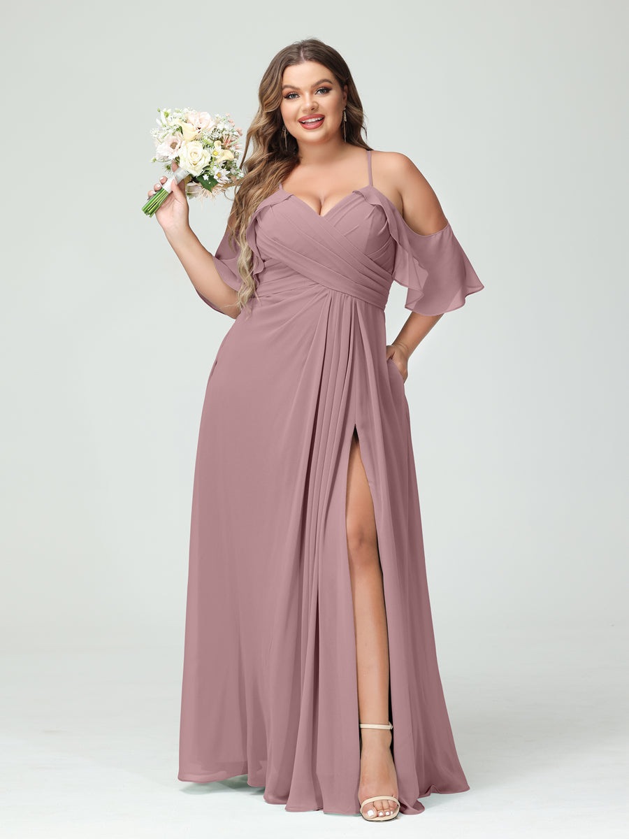 A Line Princess Spaghetti Straps Short Sleeves Chiffon Ruched Split Side Plus Size Bridesmaid Dresses with Pockets