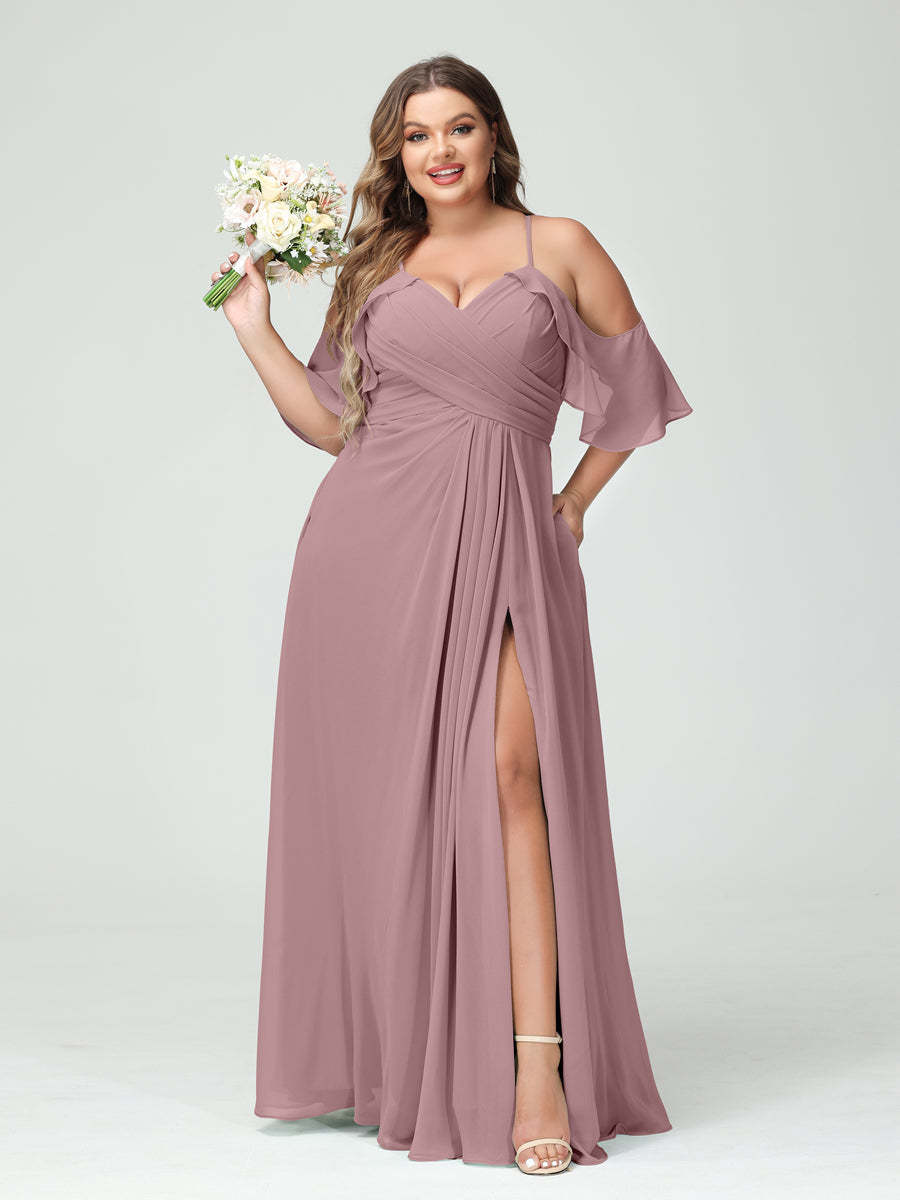 A Line Princess Spaghetti Straps Short Sleeves Chiffon Ruched Split Side Plus Size Bridesmaid Dresses with Pockets