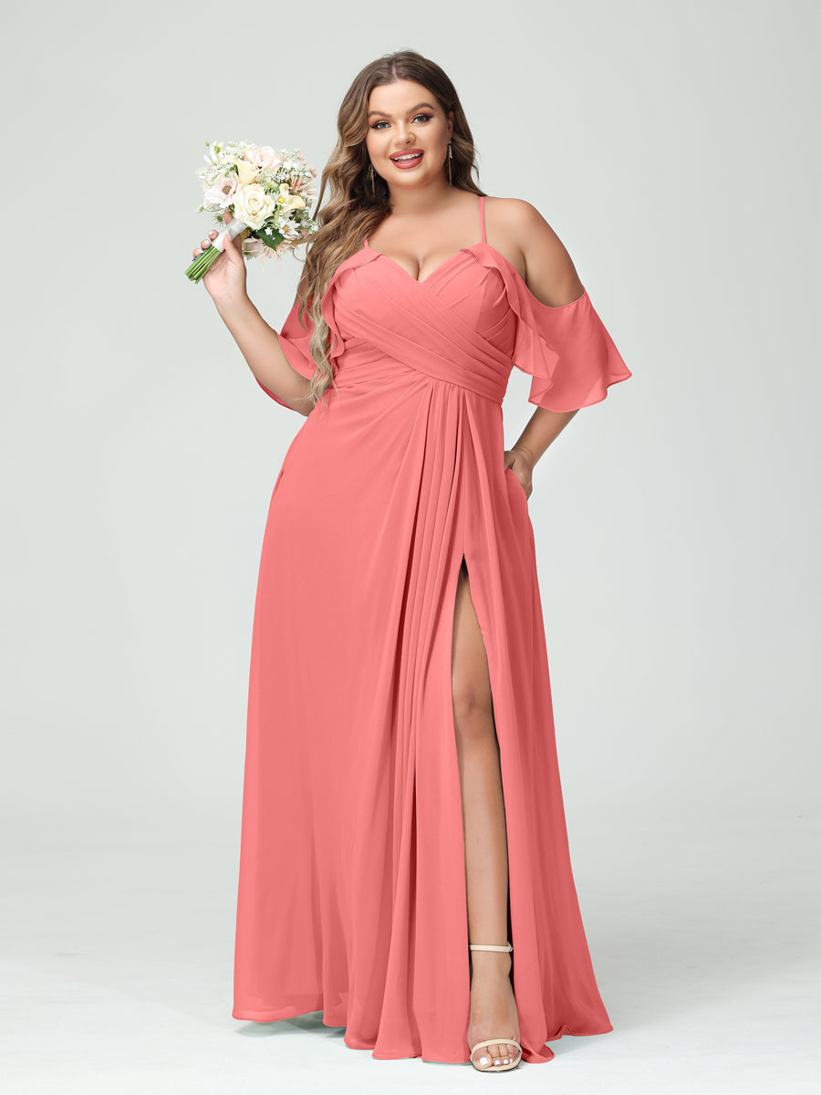 A Line Princess Spaghetti Straps Short Sleeves Chiffon Ruched Split Side Plus Size Bridesmaid Dresses with Pockets