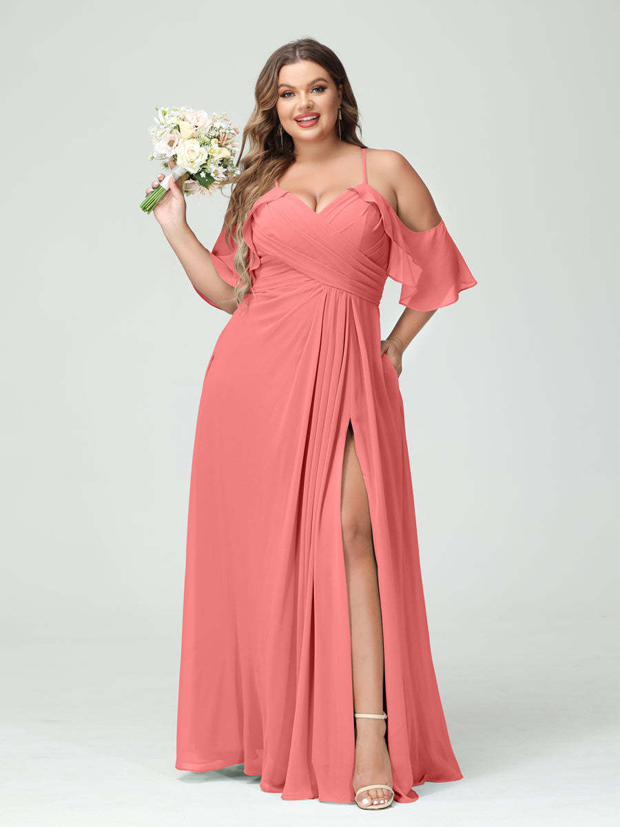 A Line Princess Spaghetti Straps Short Sleeves Chiffon Ruched Split Side Plus Size Bridesmaid Dresses with Pockets