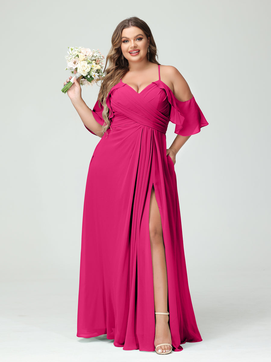 A Line Princess Spaghetti Straps Short Sleeves Chiffon Ruched Split Side Plus Size Bridesmaid Dresses with Pockets