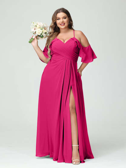 A Line Princess Spaghetti Straps Short Sleeves Chiffon Ruched Split Side Plus Size Bridesmaid Dresses with Pockets