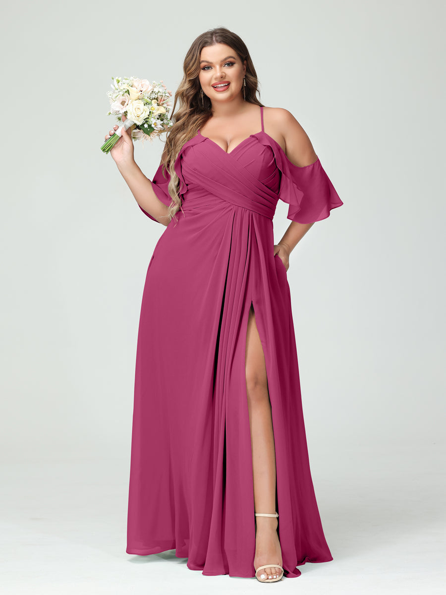 A Line Princess Spaghetti Straps Short Sleeves Chiffon Ruched Split Side Plus Size Bridesmaid Dresses with Pockets