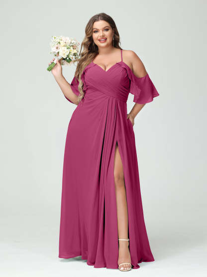 A Line Princess Spaghetti Straps Short Sleeves Chiffon Ruched Split Side Plus Size Bridesmaid Dresses with Pockets