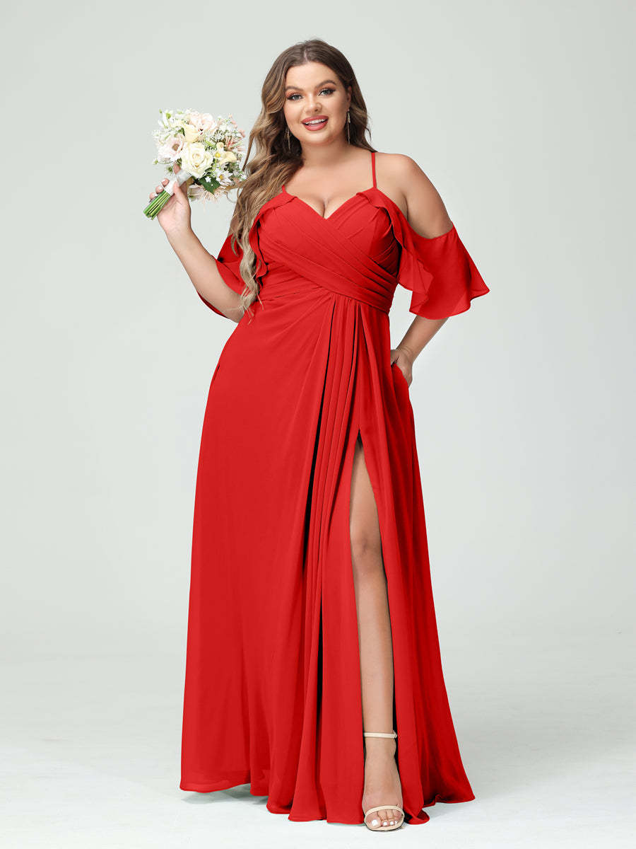 A Line Princess Spaghetti Straps Short Sleeves Chiffon Ruched Split Side Plus Size Bridesmaid Dresses with Pockets