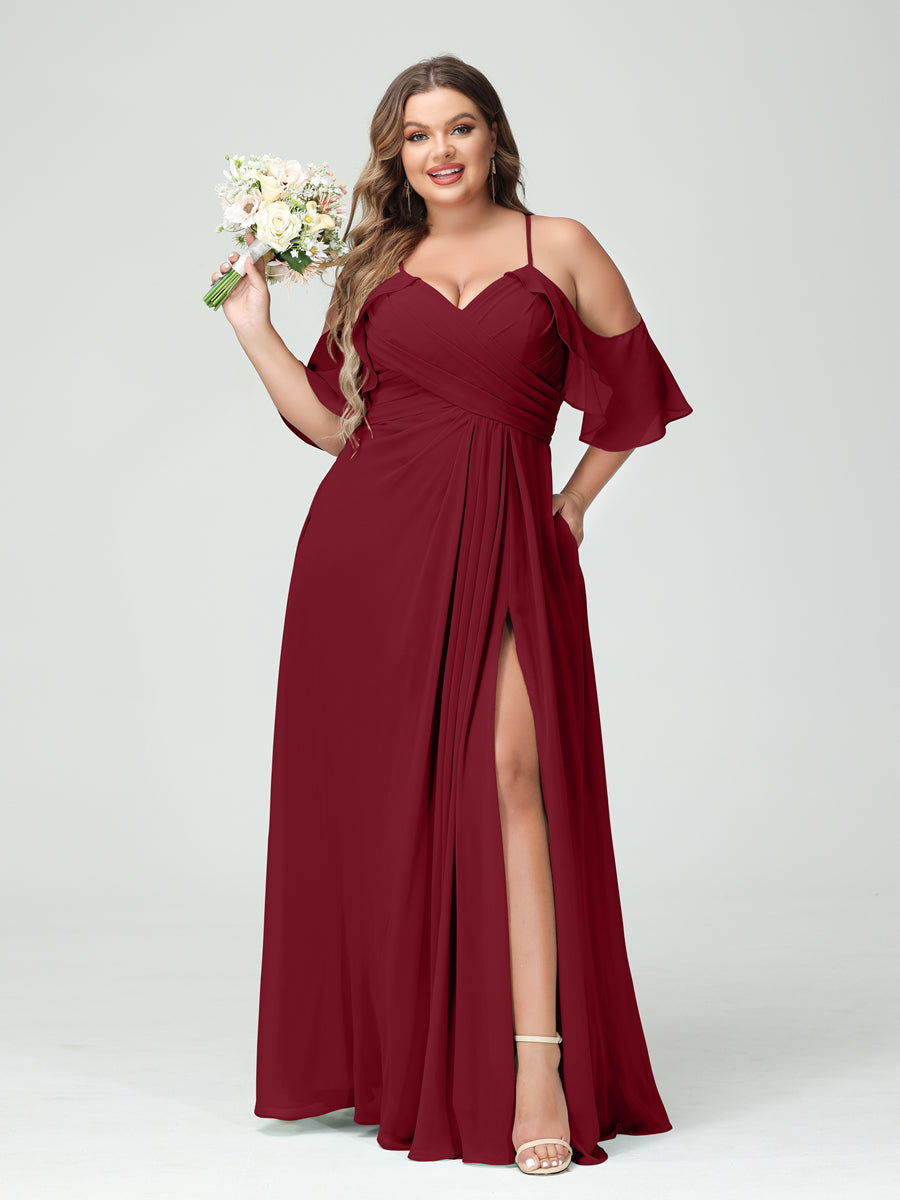 A Line Princess Spaghetti Straps Short Sleeves Chiffon Ruched Split Side Plus Size Bridesmaid Dresses with Pockets