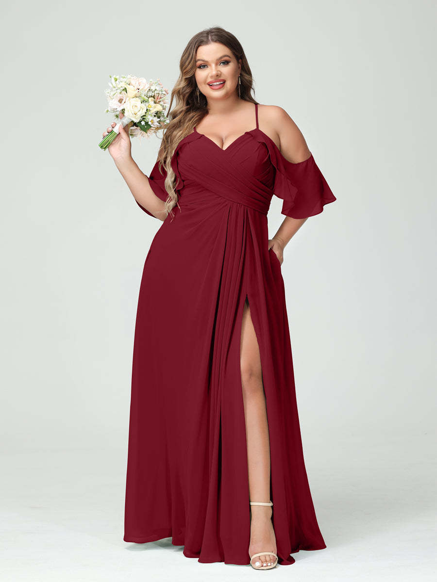 A Line Princess Spaghetti Straps Short Sleeves Chiffon Ruched Split Side Plus Size Bridesmaid Dresses with Pockets