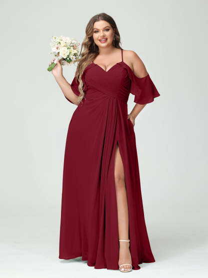 A Line Princess Spaghetti Straps Short Sleeves Chiffon Ruched Split Side Plus Size Bridesmaid Dresses with Pockets