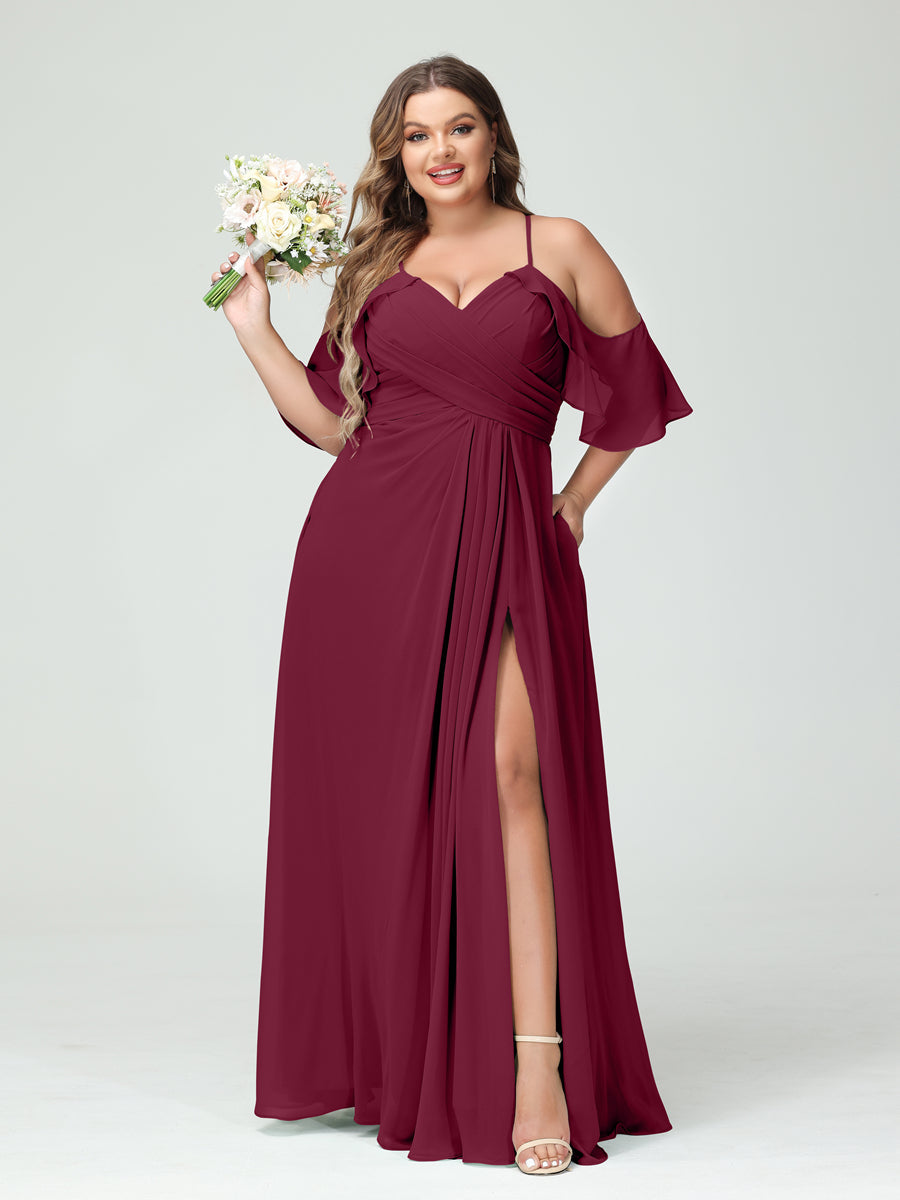 A Line Princess Spaghetti Straps Short Sleeves Chiffon Ruched Split Side Plus Size Bridesmaid Dresses with Pockets