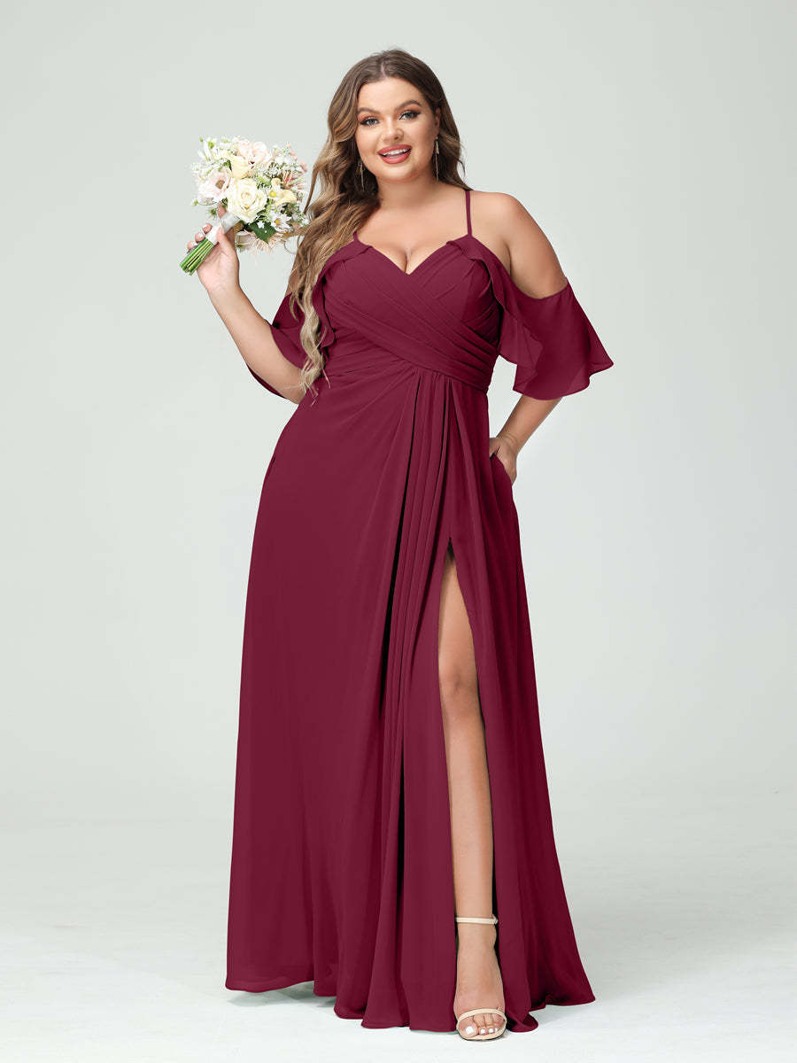 A Line Princess Spaghetti Straps Short Sleeves Chiffon Ruched Split Side Plus Size Bridesmaid Dresses with Pockets