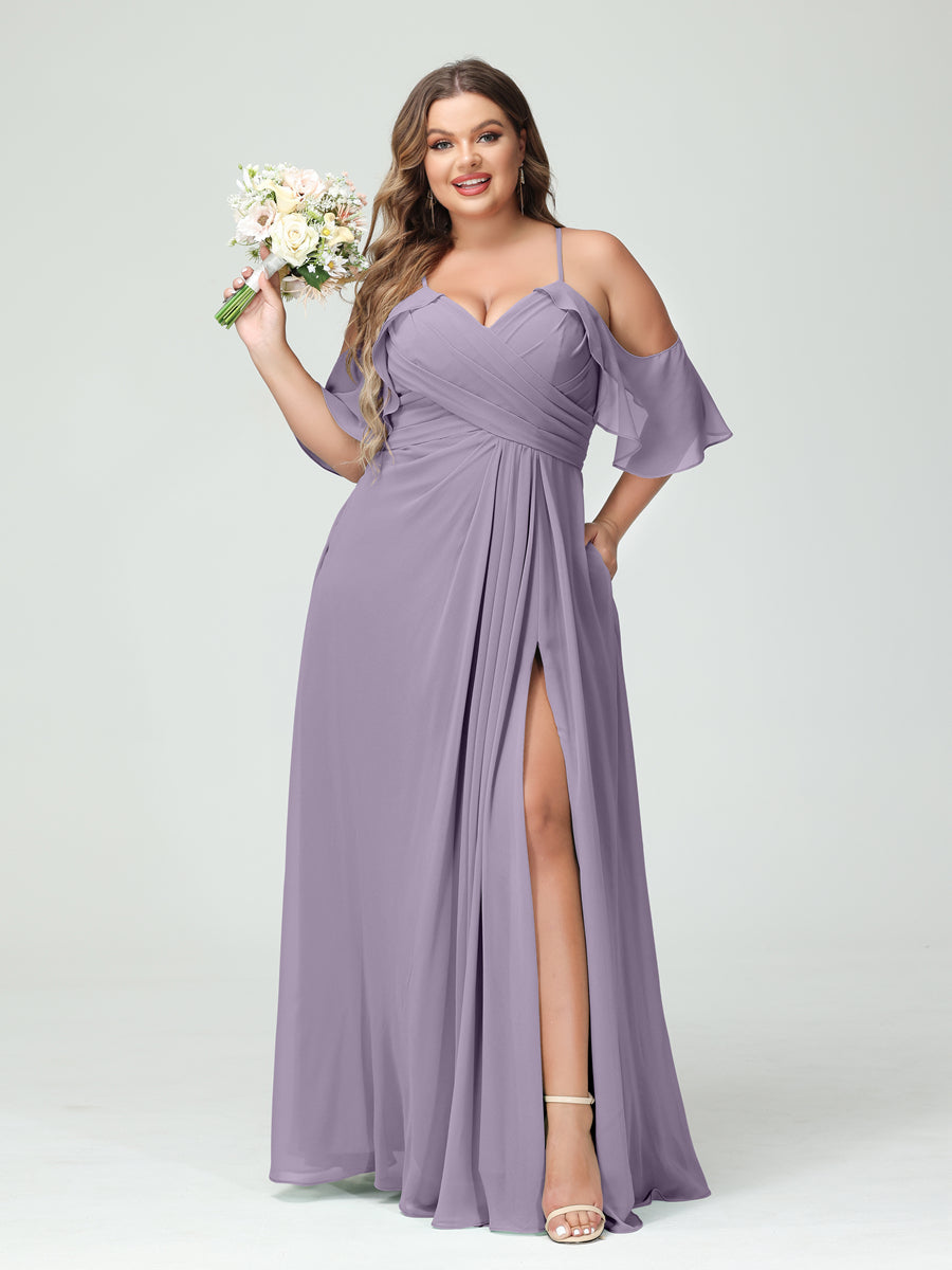 A Line Princess Spaghetti Straps Short Sleeves Chiffon Ruched Split Side Plus Size Bridesmaid Dresses with Pockets