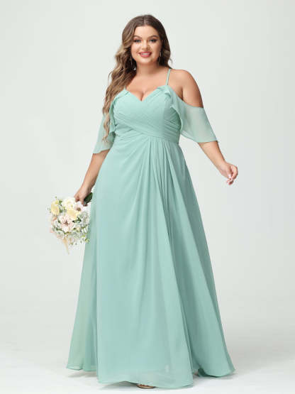 A Line Princess Spaghetti Straps Short Sleeves Chiffon Ruched Split Side Plus Size Bridesmaid Dresses with Pockets