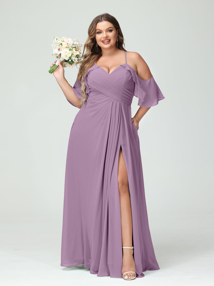 A Line Princess Spaghetti Straps Short Sleeves Chiffon Ruched Split Side Plus Size Bridesmaid Dresses with Pockets