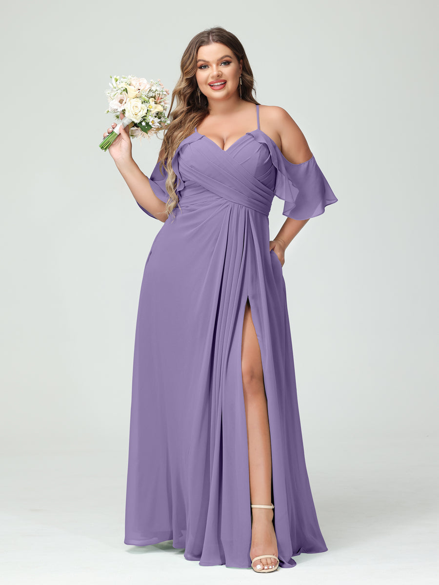 A Line Princess Spaghetti Straps Short Sleeves Chiffon Ruched Split Side Plus Size Bridesmaid Dresses with Pockets