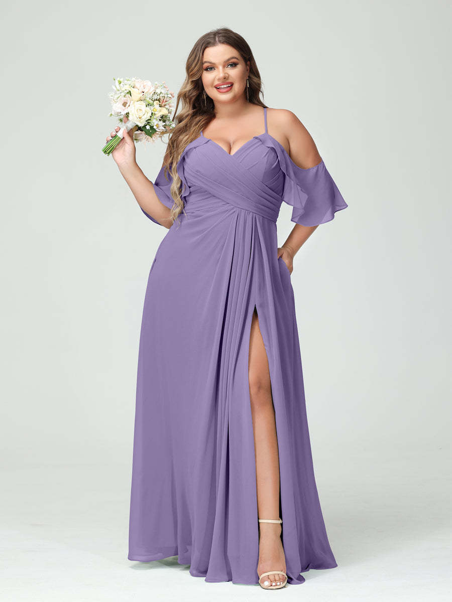 A Line Princess Spaghetti Straps Short Sleeves Chiffon Ruched Split Side Plus Size Bridesmaid Dresses with Pockets
