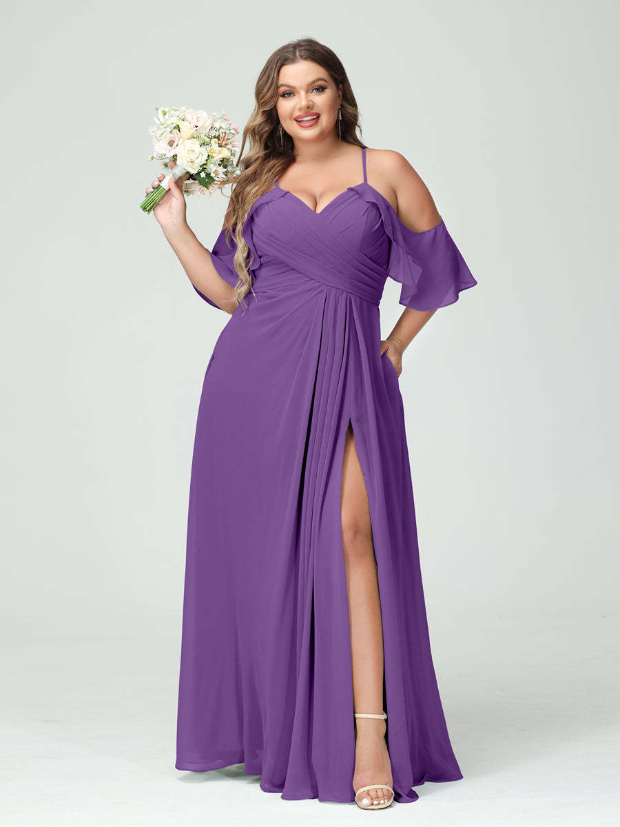 A Line Princess Spaghetti Straps Short Sleeves Chiffon Ruched Split Side Plus Size Bridesmaid Dresses with Pockets