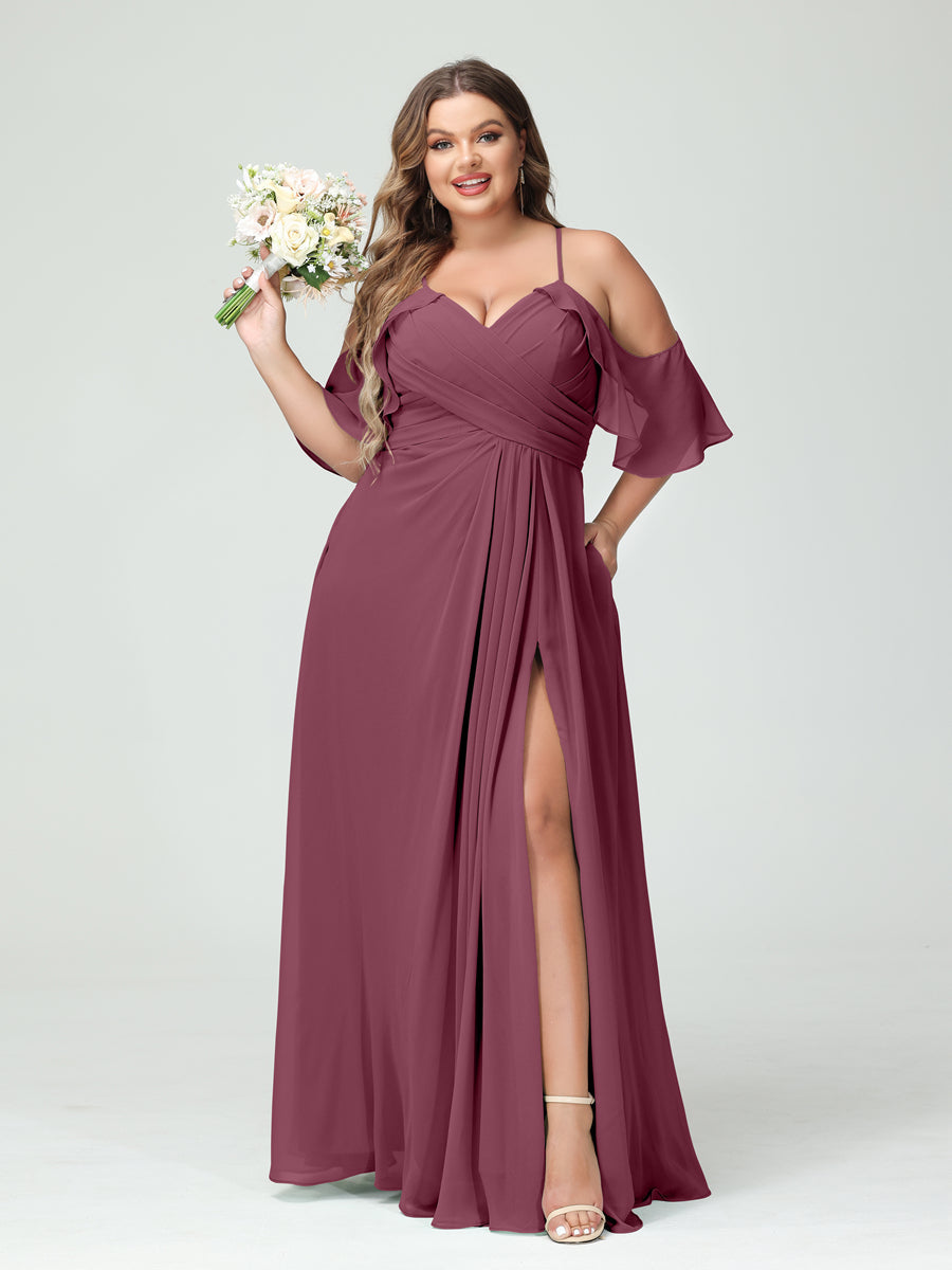A Line Princess Spaghetti Straps Short Sleeves Chiffon Ruched Split Side Plus Size Bridesmaid Dresses with Pockets
