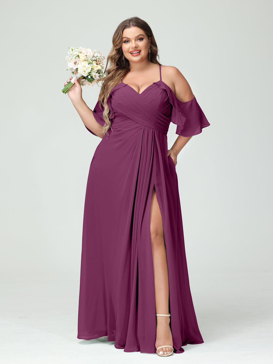 A Line Princess Spaghetti Straps Short Sleeves Chiffon Ruched Split Side Plus Size Bridesmaid Dresses with Pockets