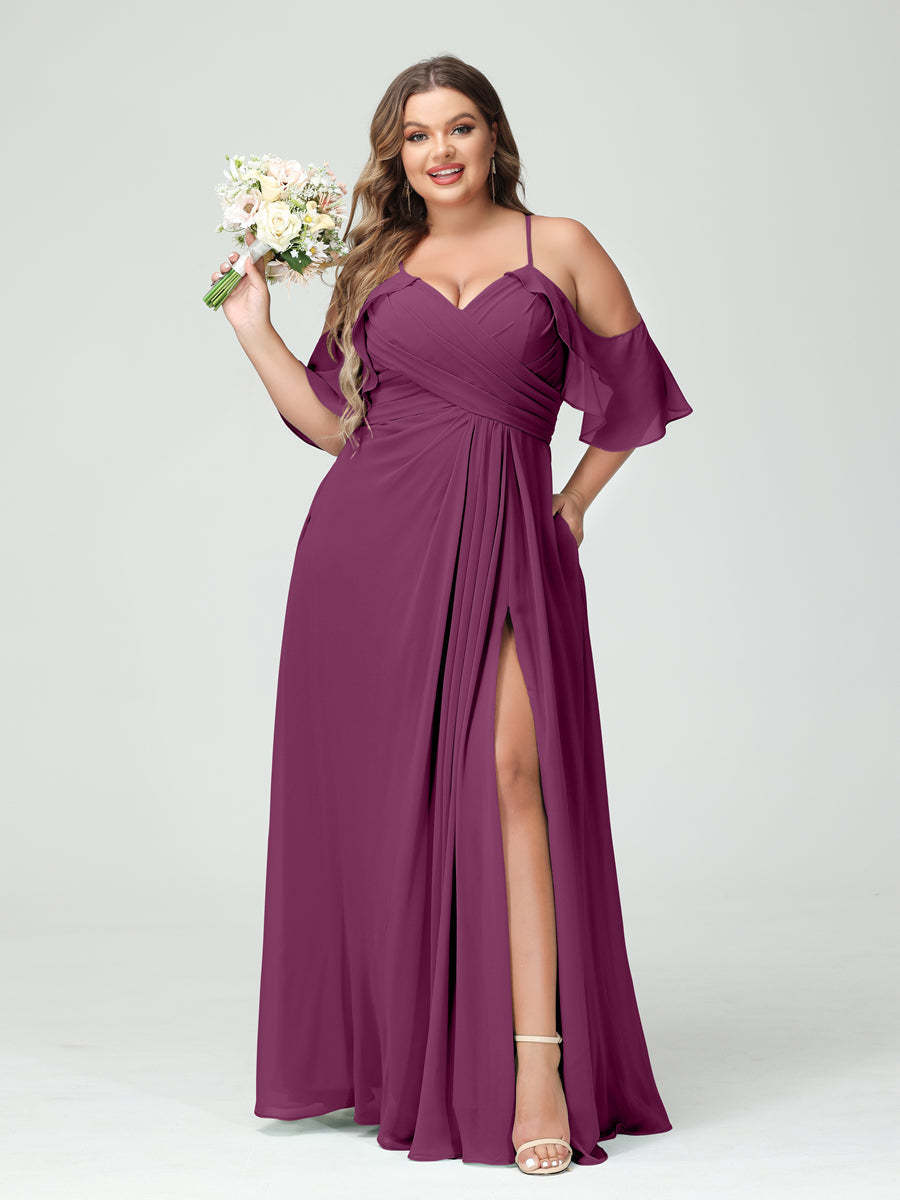 A Line Princess Spaghetti Straps Short Sleeves Chiffon Ruched Split Side Plus Size Bridesmaid Dresses with Pockets