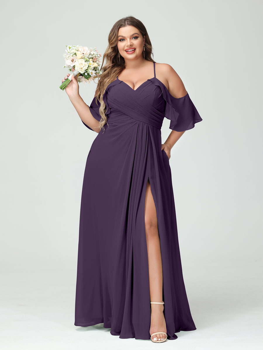 A Line Princess Spaghetti Straps Short Sleeves Chiffon Ruched Split Side Plus Size Bridesmaid Dresses with Pockets