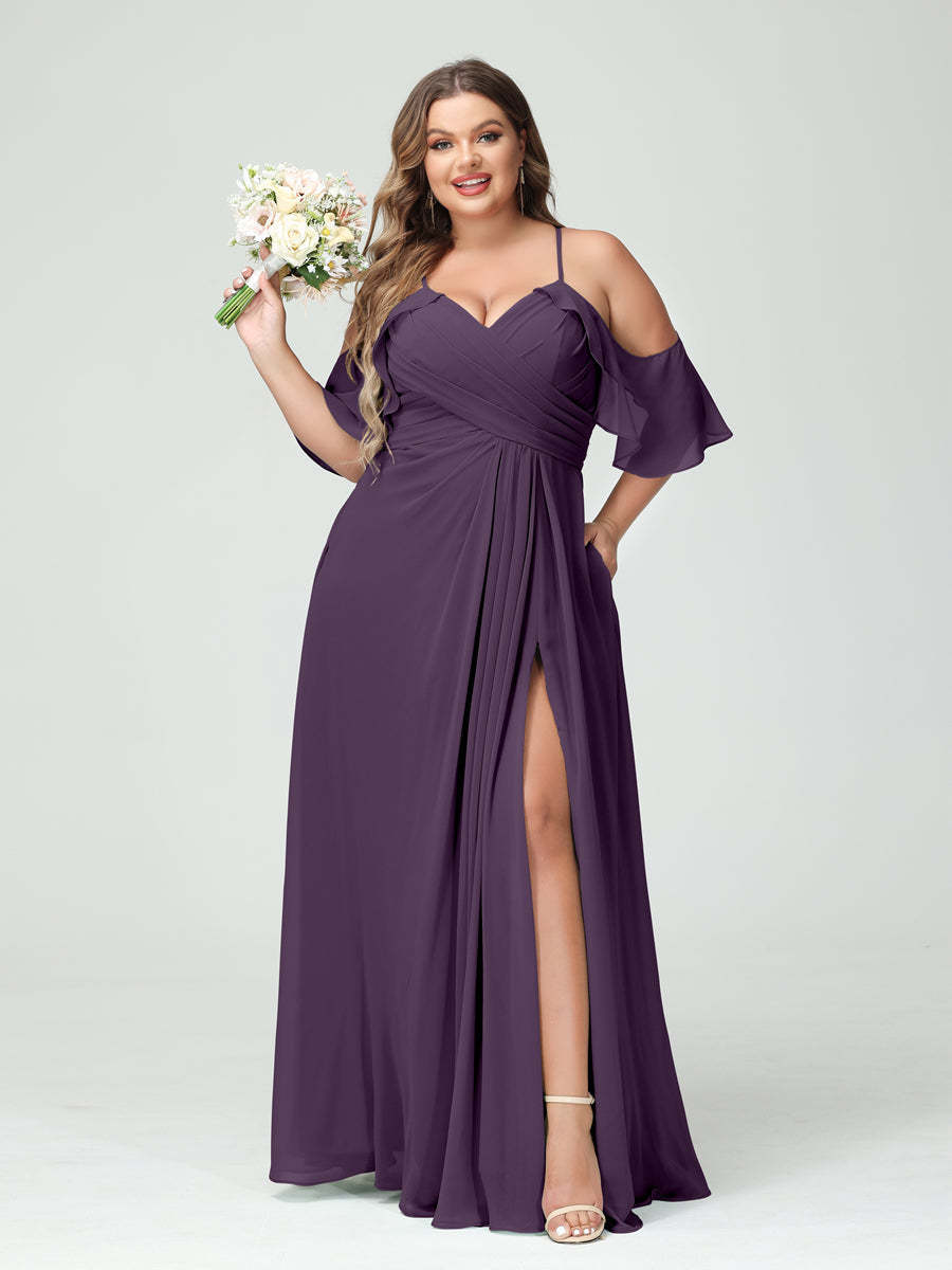 A Line Princess Spaghetti Straps Short Sleeves Chiffon Ruched Split Side Plus Size Bridesmaid Dresses with Pockets