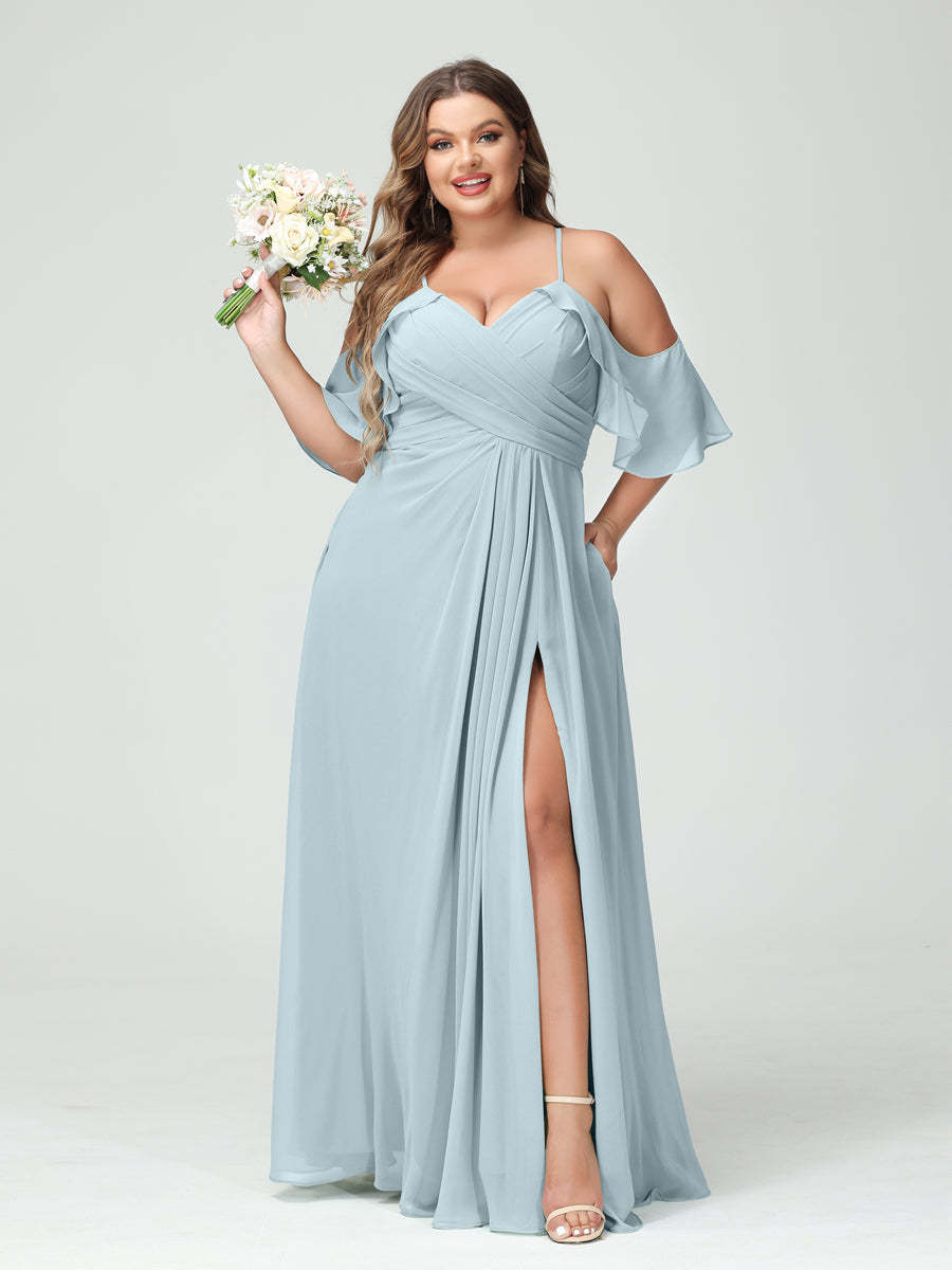 A Line Princess Spaghetti Straps Short Sleeves Chiffon Ruched Split Side Plus Size Bridesmaid Dresses with Pockets