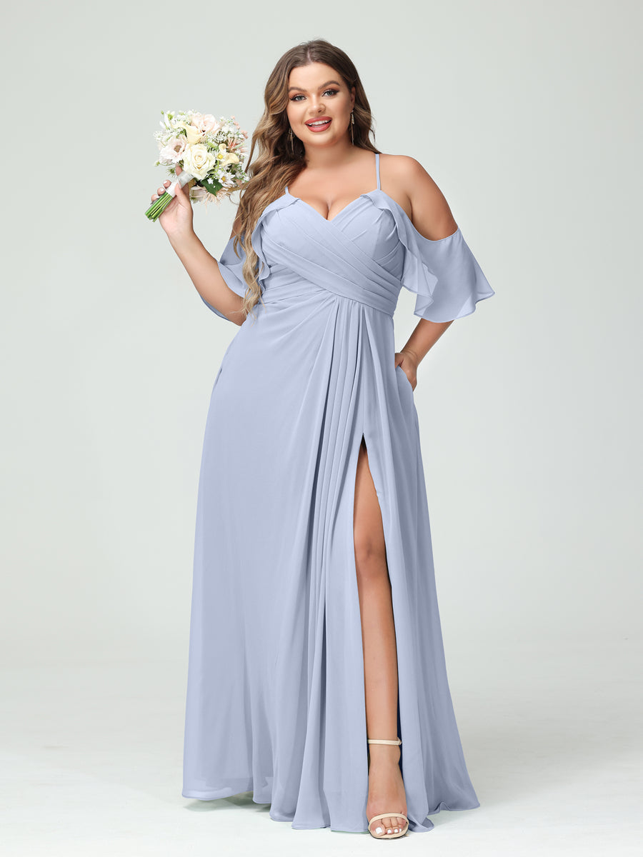 A Line Princess Spaghetti Straps Short Sleeves Chiffon Ruched Split Side Plus Size Bridesmaid Dresses with Pockets