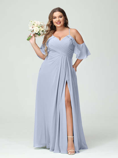 A Line Princess Spaghetti Straps Short Sleeves Chiffon Ruched Split Side Plus Size Bridesmaid Dresses with Pockets