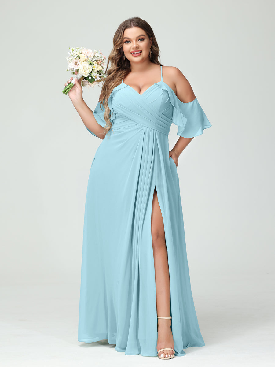 A Line Princess Spaghetti Straps Short Sleeves Chiffon Ruched Split Side Plus Size Bridesmaid Dresses with Pockets