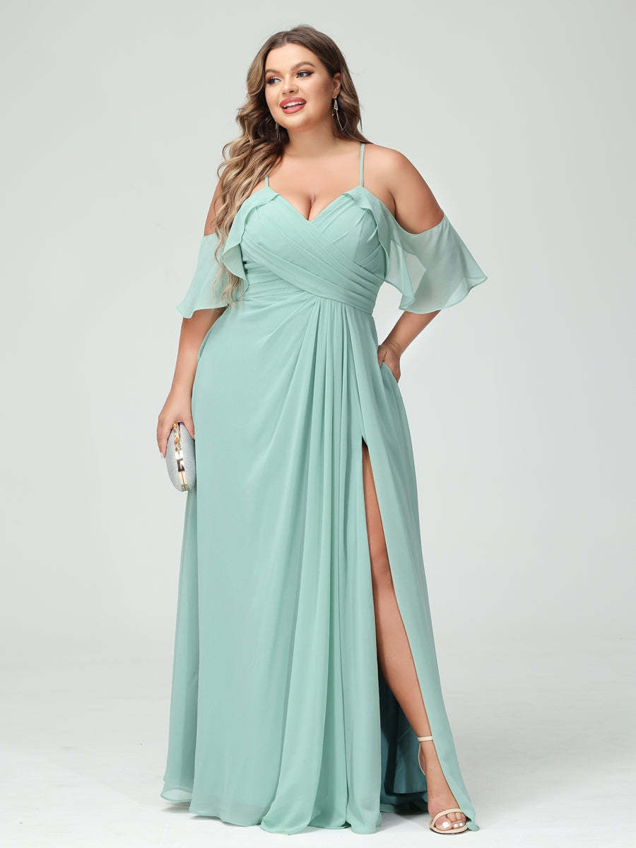 A Line Princess Spaghetti Straps Short Sleeves Chiffon Ruched Split Side Plus Size Bridesmaid Dresses with Pockets