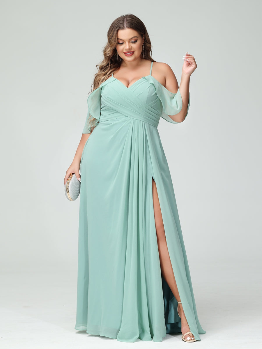 A Line Princess Spaghetti Straps Short Sleeves Chiffon Ruched Split Side Plus Size Bridesmaid Dresses with Pockets