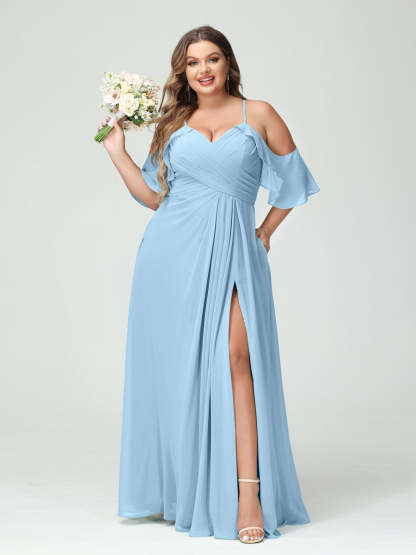 A Line Princess Spaghetti Straps Short Sleeves Chiffon Ruched Split Side Plus Size Bridesmaid Dresses with Pockets