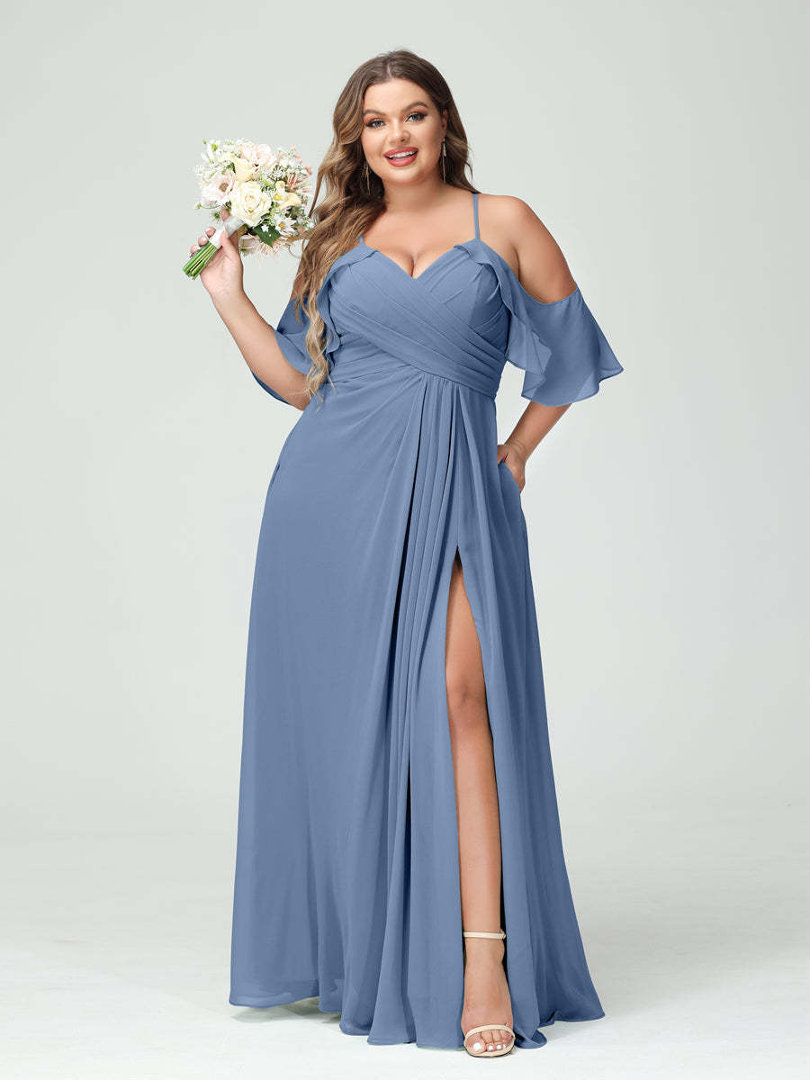 A Line Princess Spaghetti Straps Short Sleeves Chiffon Ruched Split Side Plus Size Bridesmaid Dresses with Pockets