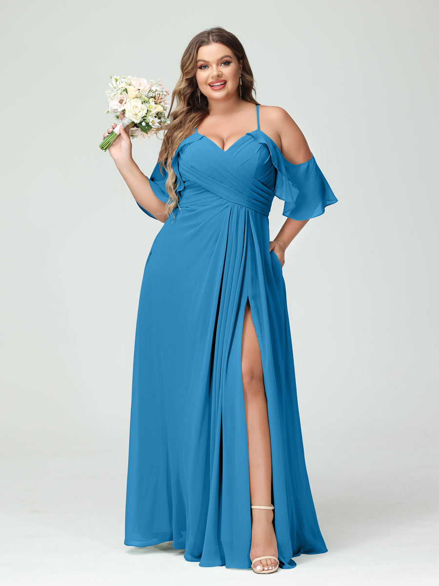A Line Princess Spaghetti Straps Short Sleeves Chiffon Ruched Split Side Plus Size Bridesmaid Dresses with Pockets