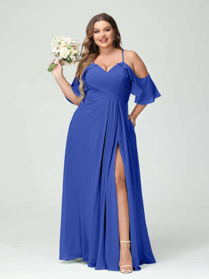 A Line Princess Spaghetti Straps Short Sleeves Chiffon Ruched Split Side Plus Size Bridesmaid Dresses with Pockets
