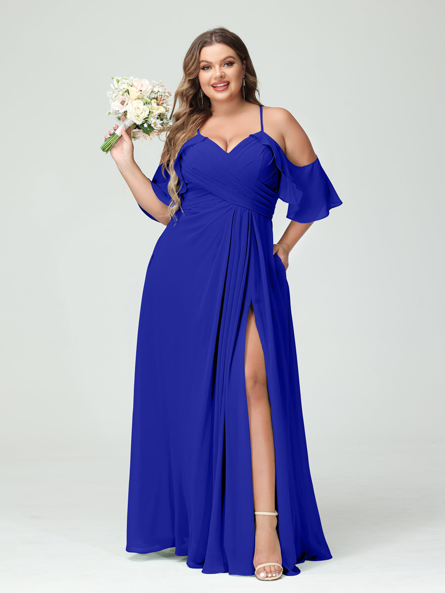 A Line Princess Spaghetti Straps Short Sleeves Chiffon Ruched Split Side Plus Size Bridesmaid Dresses with Pockets