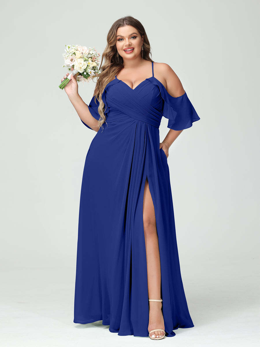A Line Princess Spaghetti Straps Short Sleeves Chiffon Ruched Split Side Plus Size Bridesmaid Dresses with Pockets