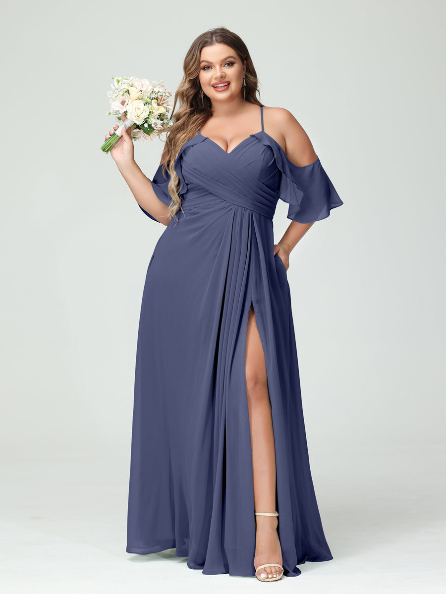 A Line Princess Spaghetti Straps Short Sleeves Chiffon Ruched Split Side Plus Size Bridesmaid Dresses with Pockets