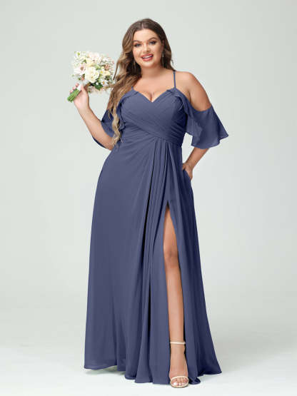 A Line Princess Spaghetti Straps Short Sleeves Chiffon Ruched Split Side Plus Size Bridesmaid Dresses with Pockets