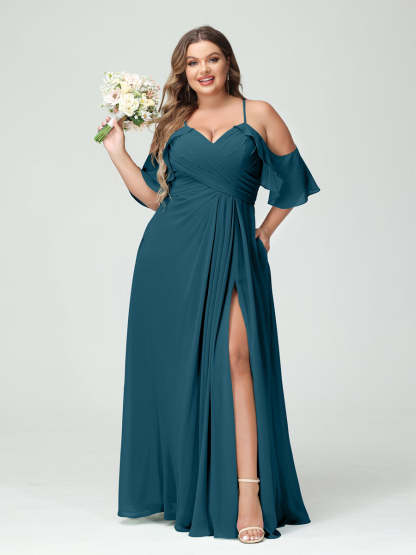 A Line Princess Spaghetti Straps Short Sleeves Chiffon Ruched Split Side Plus Size Bridesmaid Dresses with Pockets