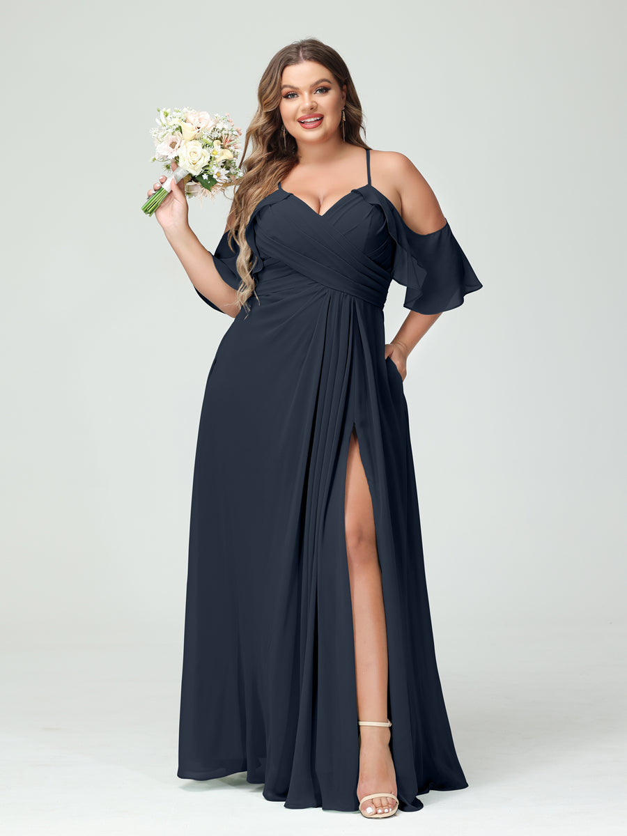 A Line Princess Spaghetti Straps Short Sleeves Chiffon Ruched Split Side Plus Size Bridesmaid Dresses with Pockets