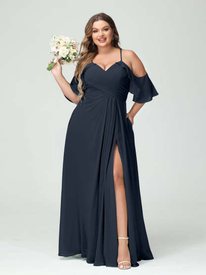 A Line Princess Spaghetti Straps Short Sleeves Chiffon Ruched Split Side Plus Size Bridesmaid Dresses with Pockets