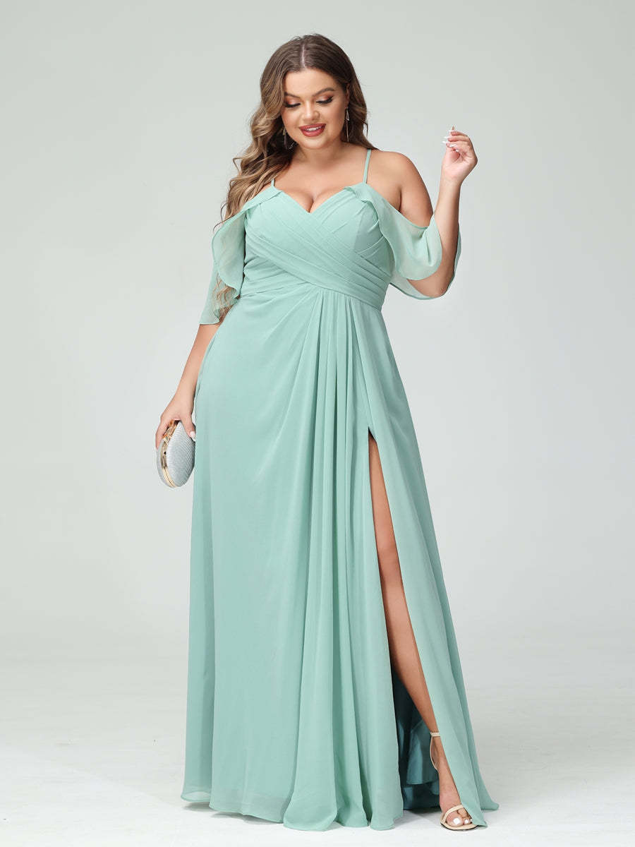 A Line Princess Spaghetti Straps Short Sleeves Chiffon Ruched Split Side Plus Size Bridesmaid Dresses with Pockets