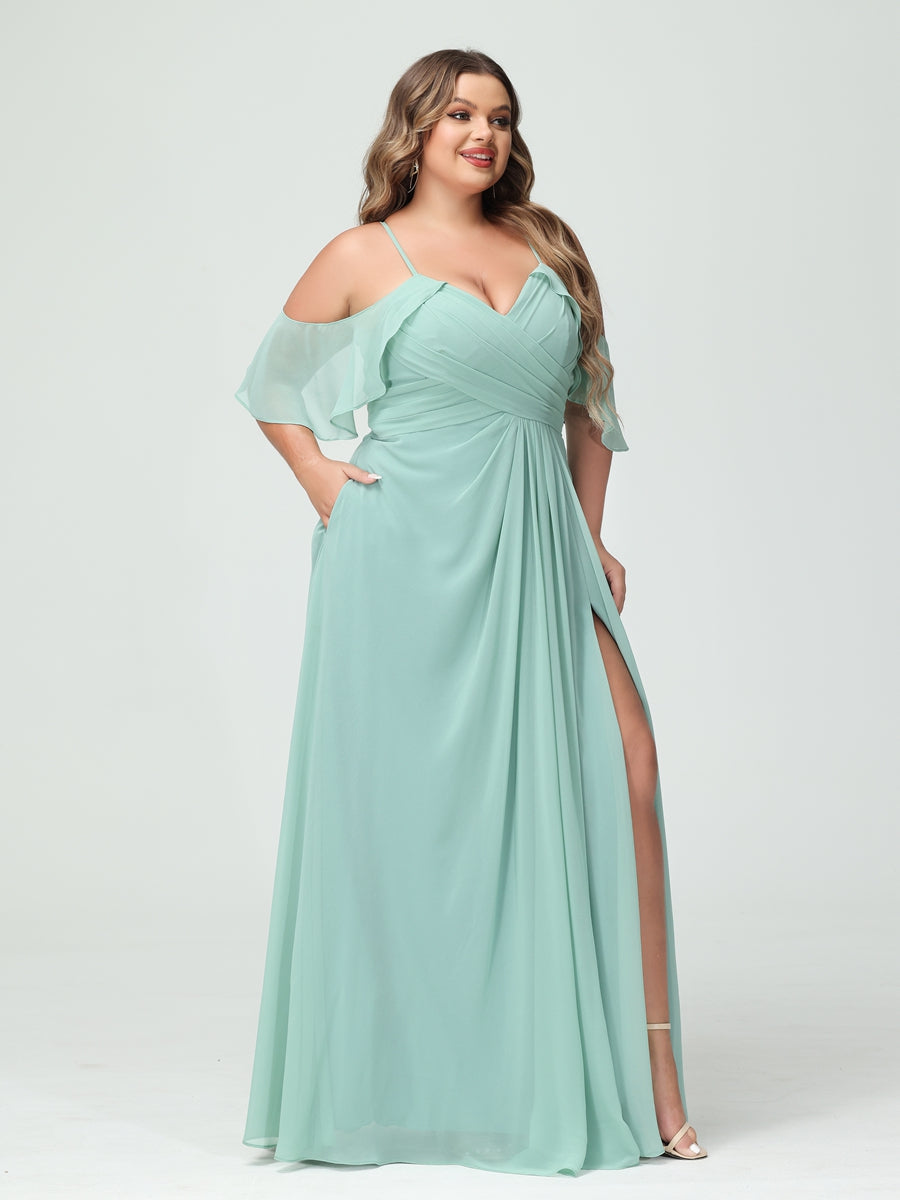 A Line Princess Spaghetti Straps Short Sleeves Chiffon Ruched Split Side Plus Size Bridesmaid Dresses with Pockets