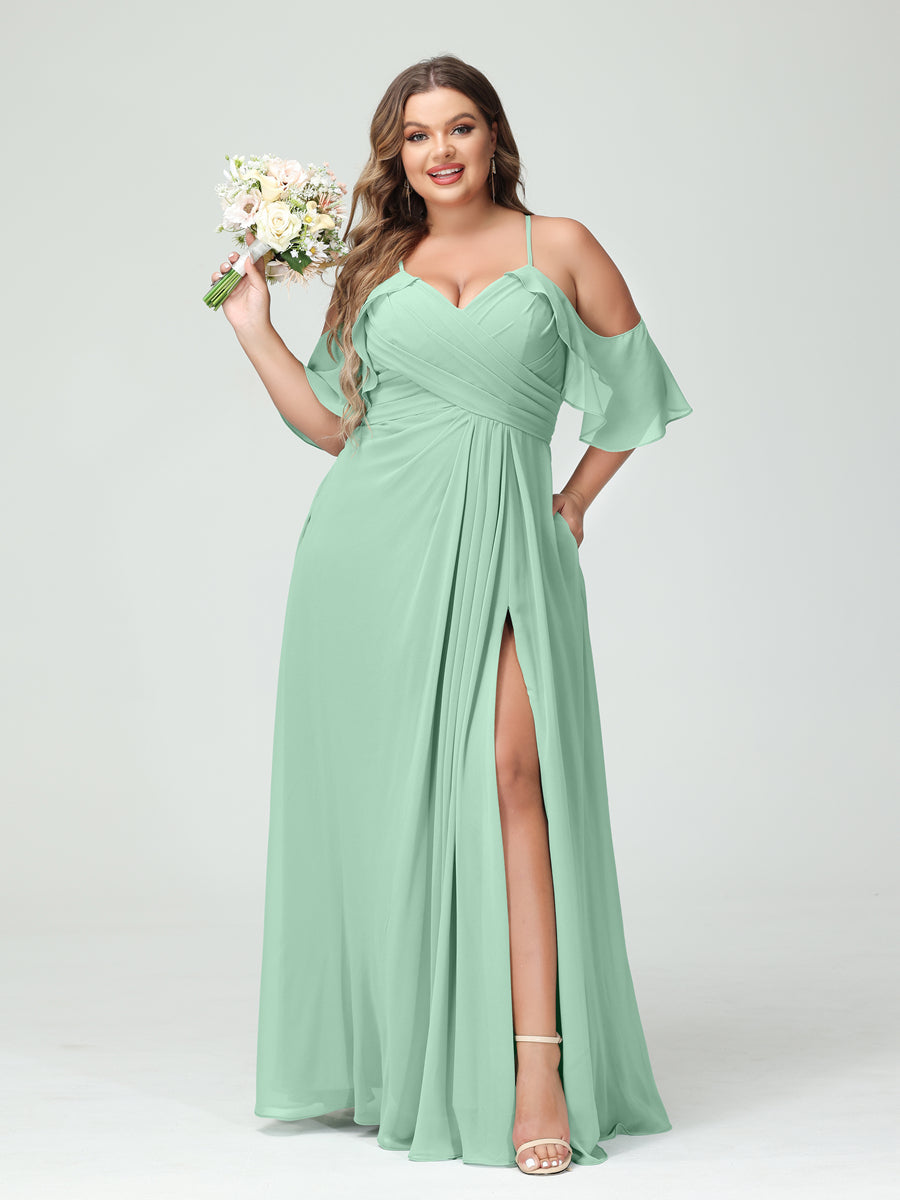 A Line Princess Spaghetti Straps Short Sleeves Chiffon Ruched Split Side Plus Size Bridesmaid Dresses with Pockets