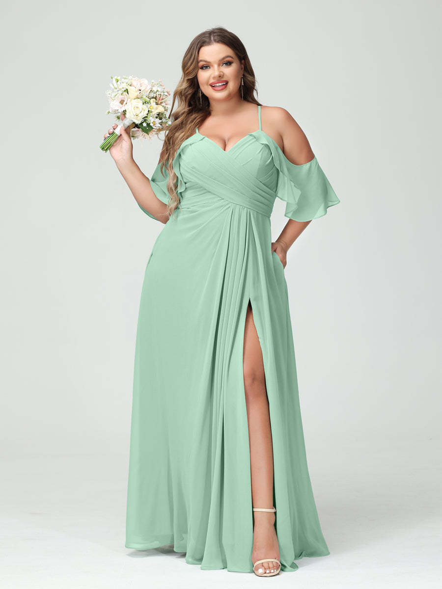 A Line Princess Spaghetti Straps Short Sleeves Chiffon Ruched Split Side Plus Size Bridesmaid Dresses with Pockets