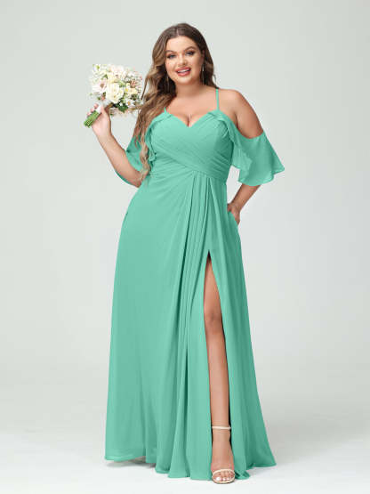 A Line Princess Spaghetti Straps Short Sleeves Chiffon Ruched Split Side Plus Size Bridesmaid Dresses with Pockets