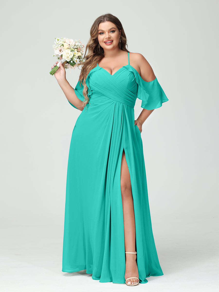 A Line Princess Spaghetti Straps Short Sleeves Chiffon Ruched Split Side Plus Size Bridesmaid Dresses with Pockets