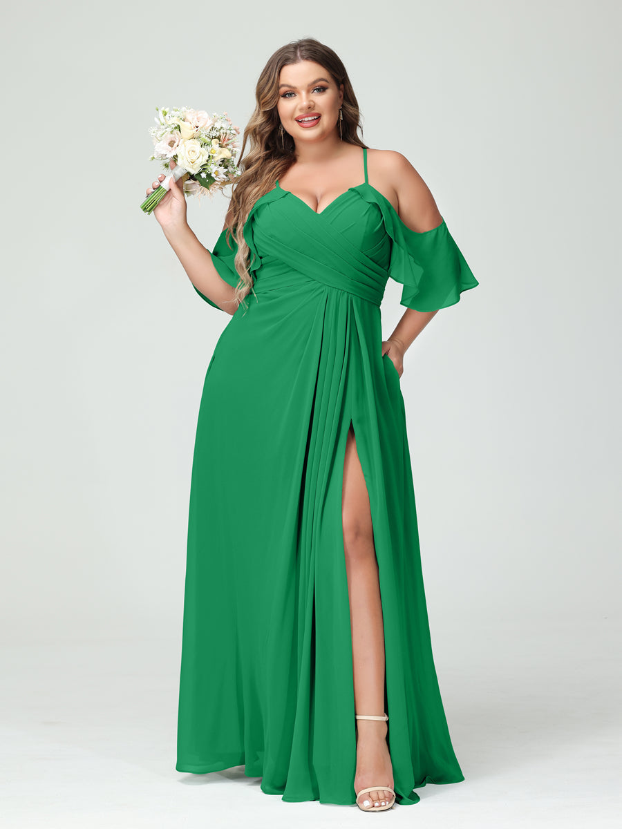 A Line Princess Spaghetti Straps Short Sleeves Chiffon Ruched Split Side Plus Size Bridesmaid Dresses with Pockets